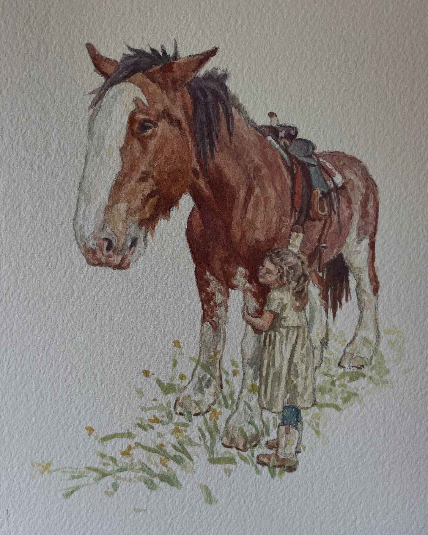 When I first started writing my stories from the ranch, I asked @tylercrowart to sketch Oakley & Rosie. I wanted to share the beautiful watercolor he sent me! What a talent. I have it to Ty for Father’s Day. It’s hanging in our kitchen and makes me happy every time I see it! 🐴 #westernart #cowboy #ranchlife #clydesdale