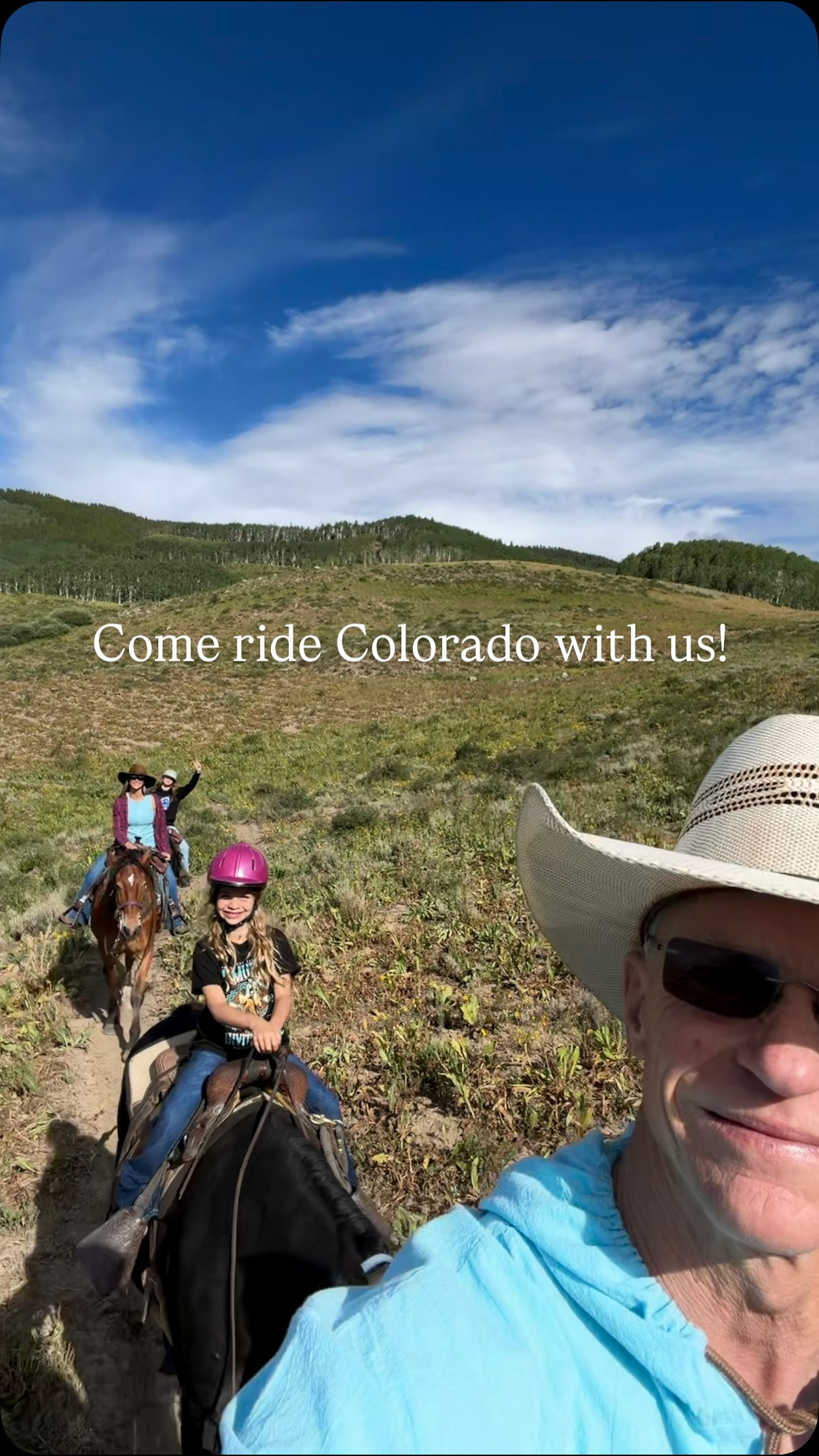 I know Ty has done this a million times, but it sure is special for us! Oakley said she wanted to ride until the sun goes down. Not many prettier places to get horseback! 🐴 ⛰️ #colorado #trailriding #cowboy #horses